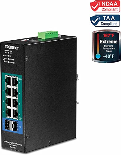 Image of TRENDnet 10-Port Industrial Gigabit L2 Managed PoE+ DIN-Rail Switch, 8 x Gigabit PoE+ Ports, DIN-Rail Mount, 2 x SFP Slots, 24-57V DC Power Input, IP30, VLAN, Lifetime Protection, Black, TI-PG102i