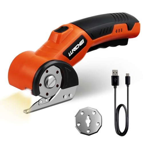 LLNDEI Cardboard Cutter, Rechargeable Cordless Electric Scissors, 4V Upgrade Motor Electric Box Cutter with 2 Blades, Safety Lock and LED Light, Powerful Cutting for Cardboard Box, Plastic, Leather