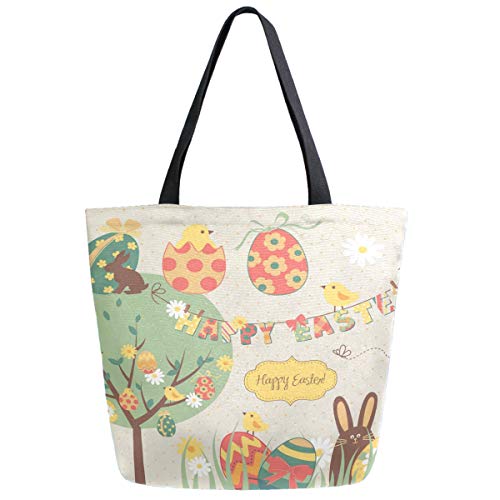 Cute Easter Colors Eggs Bunny Extra Large Print Extra Large Canvas Shoulder Tote Top Storage Handle Bag for Gym Beach Weekender 