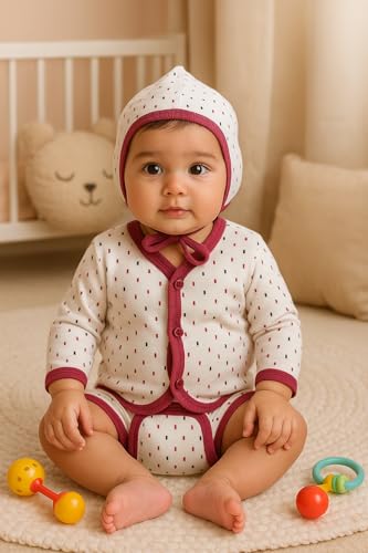 Cute Landings® New Born Baby Hosiery Cotton 4 Jhabla/Shirts with 4 Nappies/Langot and 4 Caps (0-3 Months)