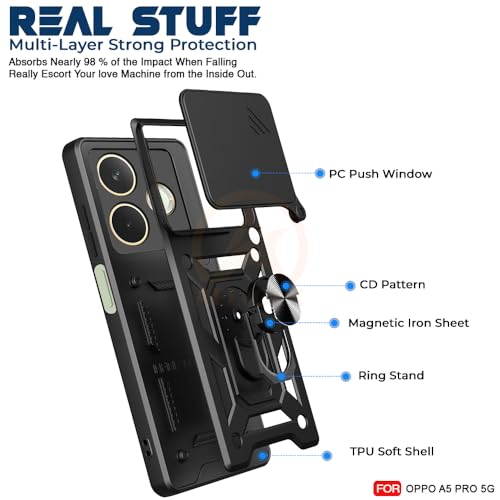 Image of Armor Bumper Back Cover Case for Oppo A5 Pro 5G Rotating Camera Cover, Ring Holder & Kickstand | Heavy Duty & 360 Degree Protection Oppo A5 Pro 5G Back Cover (Black)