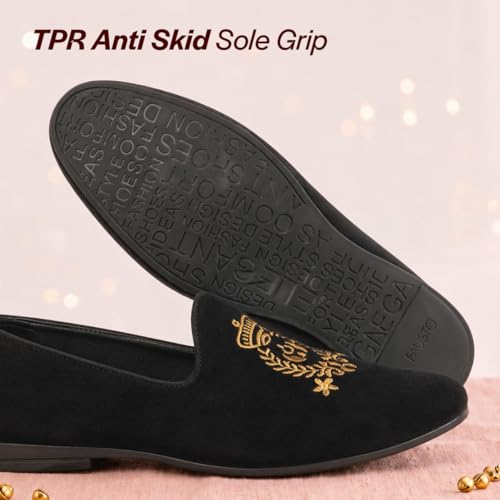 Image of FAUSTO Mens Embroidered Slip-On Loafers | Royal Ethnic Party Shoes |Ethnic Juttis and Mojaris for for Wedding Cushioned Insole