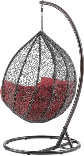 Image of Single Seater Swing Chair with Stand & Cushion Outdoor Indoor Balcony Garden Patio, Powder Coated Frame, UV-Protected Wicker, Premium Cushion, Swing Chair (Brown-RED)