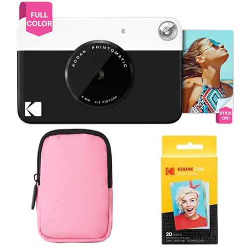 KODAK Printomatic Paquete básico de cámara con impresión instantánea a Todo Color + Estuche Blando + Paquete de 20 Papeles fotográficos Zink   Fotos Coloridas en Papel Adhesivo de 2 x 3   Negro