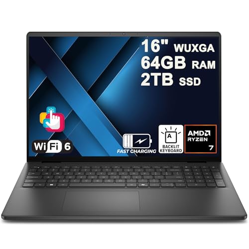Image of Dell 16 Laptop 16 inch WUXGA Touchscreen AMD 8-core Ryzen 7 250 (>i7-1355U) 64GB DDR5 2TB SSD Backlit ExpressCharge Wi-Fi6 for Creator Designer Business Professional Work Win11