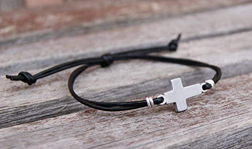 Christian Men's Leather Bracelet With Silver-Tone Sideways Cross Thin Minimalist Cuff, Wristband Custom Handmade #TOP7
