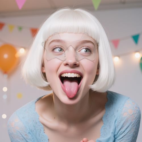 Image of ANOGOL White Bob Wig with Bangs Short White Wigs for Women Funny Costume | Hair Cap+ Sunglasses Short Neon Wig for Bachelorette Party Funny Wigs for Women Halloween Costume Night Club Crazy Hair Day