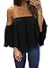 Women’s Summer Off Shoulder Chiffon Blouses Short Sleeves Sexy Tops Shirt Fashion Casual Ruffles Solid Loose Fit Blouses T Shirt (S, Black)