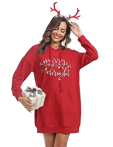 Image of Quenteen Women Hoodies Dress Hooded Sweatshirts Dress Casual Long Sleeve Tunic Dress Oversized Sweatshirts with Pocket