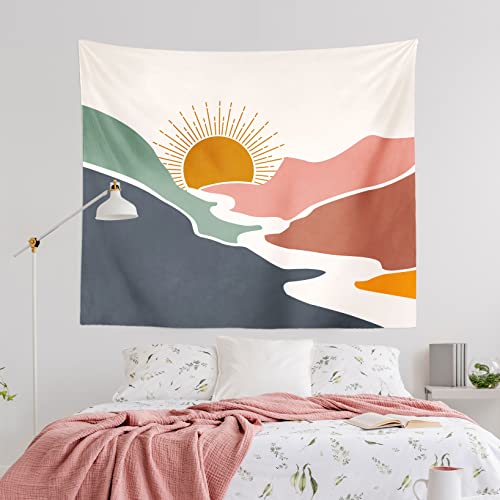 Boho Sun Mountain Tapestry Abstract Mid Century Nature Sunset Landscape Wall Hanging Tapestries Modern Colorful Minimalist Wall Home Decor For Living Room Bedroom Dorm (51.2"X59.1") #TOP1
