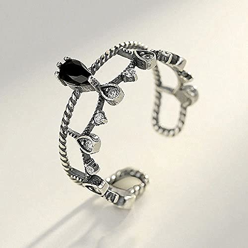 Bague obsidienne rétro en argent S925 avec zircon pour superposition - 4