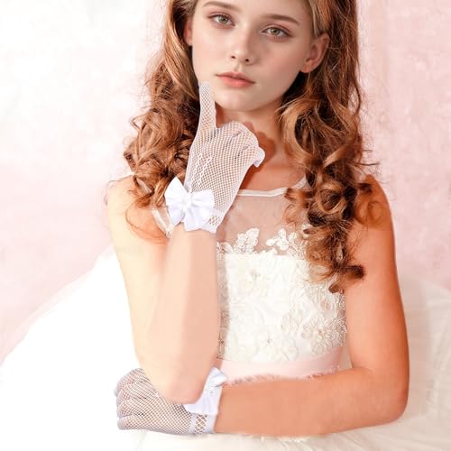 Yolev 4 Pcs Pearl Necklace Bracelet Earrings Jewelry Sets and White Lace Communion Glove Pageant Gloves for Wedding Pageant Halloween Cosplay (Suitable for ages 12+)4