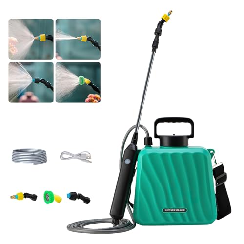 Pulverizador de jardín alimentado por batería, 5 L, pulverizador eléctrico mejorado con 3 boquillas de niebla, mango recargable por USB, varita retráctil, correa de hombro ajustable, pulverizador de