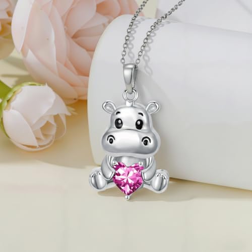 Image of PROESS Animal Birthstone Necklace 925 Sterling Silver Otter /Axolotl /Hippo /Elephant /Dachshund /Monkey /Red Panda Pendant Necklace Animal Birthstone Jewelry Gifts for Women