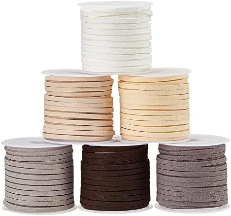 PH PandaHall 6 Rolls 5.5 Yard/Roll 3mm Flat Micro Fiber Faux Leather Suede Cords Lace Velvet Beading String for Bracelet Necklace Jewelry Making, 6 Colors