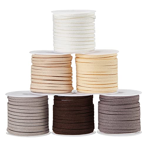 PH PandaHall 3mm Faux Suede Cord, 33 Yards 6 Colors Flat Micro Fiber Faux Leather Suede Cords Lace Velvet Beading String for Bracelet Necklace Jewelry Dreamcatcher Keychain Pendants Making