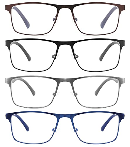 4-Pack Blue Light Blocking Reading Glasses For Men Stylish Metal Frame Readers With Comfort Spring Hinges Anti Glare Uv Filter Eyeglasses , +3.75 Strength #TOP2