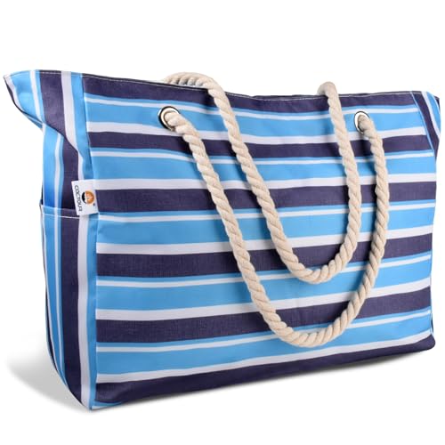 CaCTOUR Beach Bags for Women,Large Beach Bag Waterproof Sandproof with Zipper & Pockets,Travel Tote Bag,Swim Pool Bag for Family (Blue)