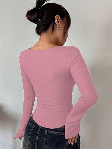 Image of Sugathari Women's Black Solid Long Sleeve Wrap-Style Square Split Crew Neck Bodycon Women T-Shirt Spring and Summer Top, Minimalist and Fashionable for Everyday Casual Wear Tops (T-Shirt 181)