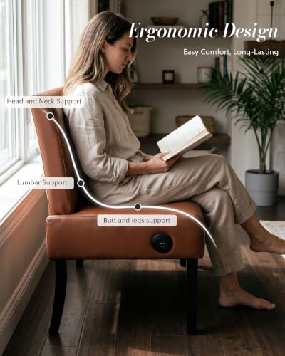 Image of Armless Accent Chair Loveseat, Small Sofa, Brown Faux Leather, Modern