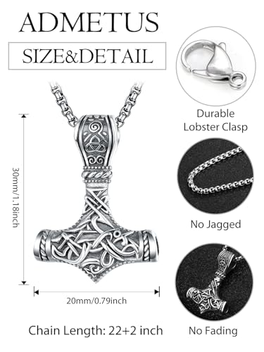 ADMETUS 925 Sterling Silver Thor Hammer Necklace Viking Mjolnir Pendant Jewelry Gifts for Men with 2.5mm 22"+2" Rolo Chain2