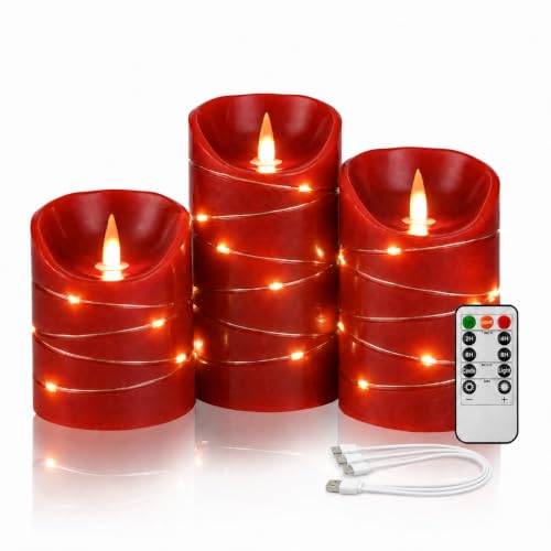 Image of Rechargeable LED Candles, Real Wax, 4 5 6 in,Red, 3 Pack | USB Rechargeable Real Wax Candles with Remote, Timer and Star Lights