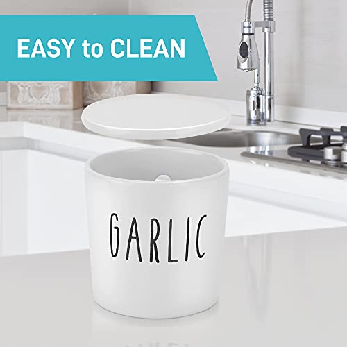 Large Garlic Keeper - Garlic Holder Storage - Round Ceramic Garlic Container Storage To Keep Your Garlic Cloves Fresh Longer - Classic White Vented Garlic Keeper For Counter - Garlic Saver For Kitchen #TOP5