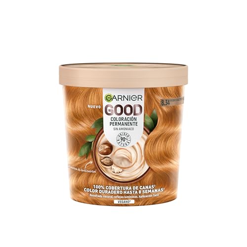 Tinte permanente vegano, Garnier Good Spicy Blonde, 8.34 Salted Caramel, Sin amoniaco y nutritivo, 100% de cobertura de canas, color hasta 8 semanas, con manteca de karité - 75 ml