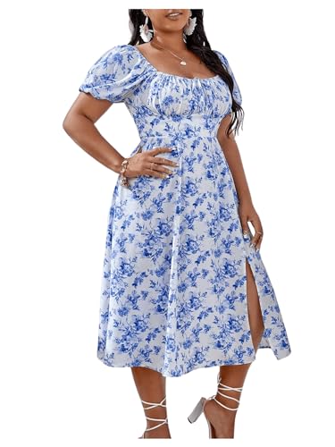 Floerns Women's Plus Size Floral Print Tie Front Square Neck Slit Hem Midi Dress3