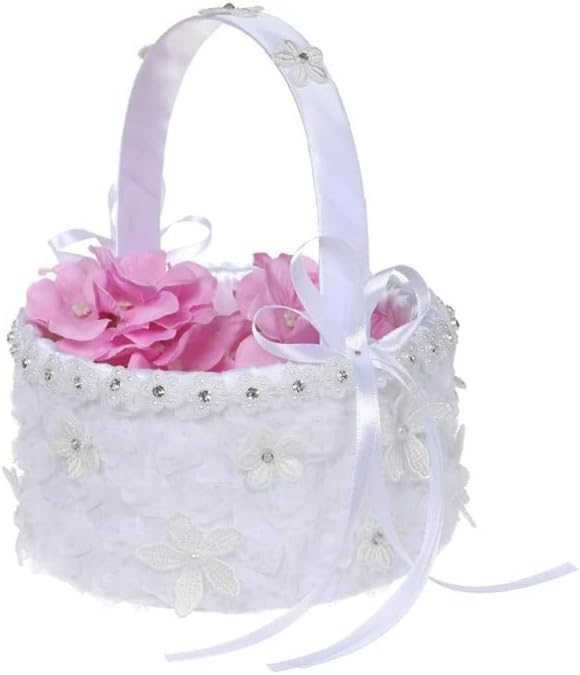 Flower Basket Suitable Wedding Ceremony Satin Girl Baskets Handle Lace Flowers Bows Decor
