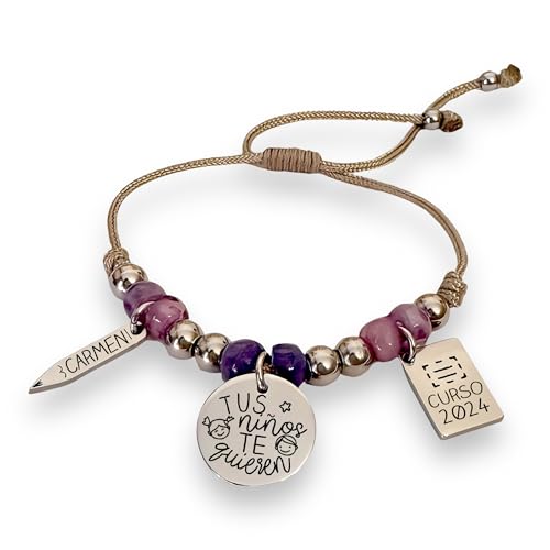 Pulsera Para Profesora, Personalizada, Elaborada A Mano, Acabados En Acero Inoxidable, Ajustable, Modelo Viva, Regalos Para Profesores. (Morado, Tus Niños Te Quieren)