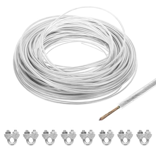MECCANIXITY 4mm (5/32 inch) Clear Vinyl Coated Wire Rope, 60m /197ft Galvanized Steel Cable Wire Rope with 8PCS M5 Loop Sleeves for String Light Hanging, Deck Railing, Garden Wire