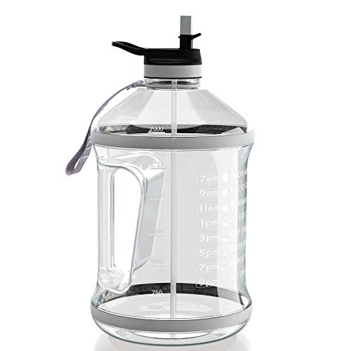 Gallon Water Bottle with Straw Lid - BPA Free Water Bottle with Time Marker, Handle and Carry Strap, Reusable Leaf-Proof Water Jug for Outdoor Sports, Gym Workout, and Camping