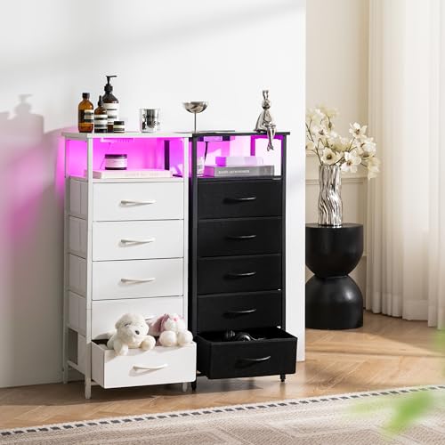Yoobure 5 Drawers Dresser for Bedroom, Tall Nightstand with Charging Station, Fabric Dresser for Closet with Storage Shelf, Vertical Dressers Chest LED Night Stand, Bedside Table for Dorm Living Room - Thumbnail 2