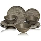 Picture of TP 18-Piece Dinnerware Set, Melamine Dinner Dishes Set with Bowls and Salad Plates, Non-breakable Lightweight Dining Tableware, Wood Grain