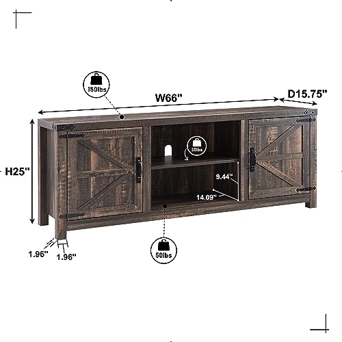 T4TREAM TV Stand for 75 Inch TV, Farmhouse TV Console Table with Barn Door Cabinets & Adujstable Shelves, Modern Entertainment Center with Storage for Living Room, 66 Inches, Dark Rustic Oak