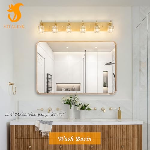 Image of VitaLink 6-Light Crystal Vanity Light, 35.4 inch Long Gold Bathroom Wall Light Over Mirror Crystal Wall Light Fixtures for Bathroom