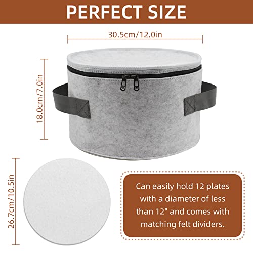 Pehciroe Plate Storage Case With Lid, 12" Felt China Storage Containers Dinnerware Storage Box With 2 Handles & 12 Felt Dividers For Storing And Organizing Dinnerware Dishes, Light Gray #TOP2