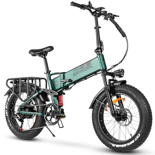 SAMEBIKE Folding electric bicycle for Adults, Fat Tires 20"×4.0" mountain E-bike with 48V 15AH Removable Battery, 7-Speed Gear, PAS Max Range 100 KM, Off-road Bike with Dual Suspension