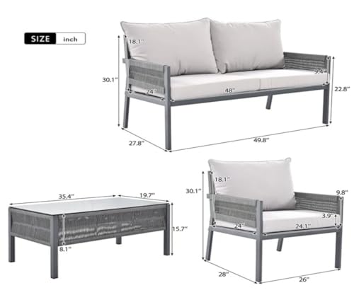 Image of 4 Seater Indoor /Outdoor Rope Woven Patio Conversation Set Powder-Coated Iron Frame Handwoven Weaving Rope Modern Sofa for Balcony,Backyard,Living Room,Waterproof Furniture(Grey)