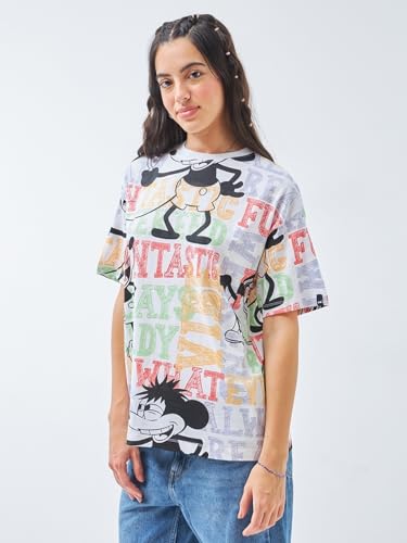 Image of Bewakoof X Disney Mickey Women's 100% Cotton Graphic Print Oversized Fit Half Sleeve Round Neck T-Shirt | Casual wear | Streetwear | Oversized Tshirt for Woman Cotton| Baggy
