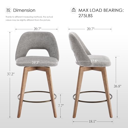 Image of Zesthouse Swivel Counter Height Bar Stools Set of 4, 26 inch Wooden Bar Stools with Back & Weathered Wood Legs, Upholstered Linen Fabric Barstools, Vintage Farmhouse High Chairs for Island Kitchen, Grey
