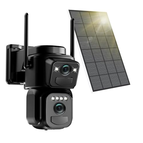 Abiso 2K - Cámara de vigilancia WiFi al aire libre de doble objetivo,8MP detección humana con panel solar,seguimiento automático,visión nocturna color,impermeable,audio bidireccional,cámara PTZ 360°