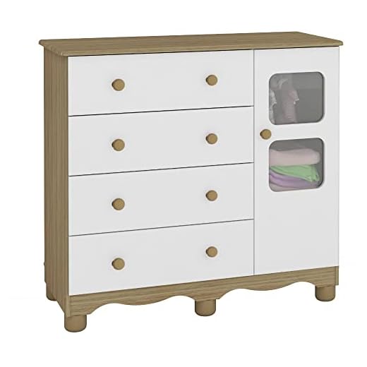 Cômoda de Bebê 1 Porta 4 Gavetas Uli Móveis Peroba Branco Brilho/Carvalho