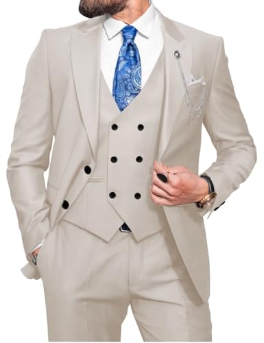 Wangyue Men Double Breasted Suit 3 Piece Slim Fit Suits Elegant Peak Lapel 2 Button Blazer Vest Pants Sets Men's Suits