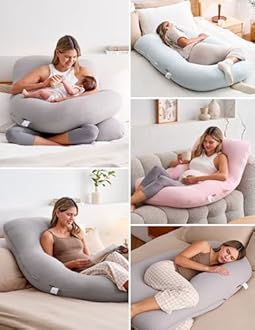 Momcozy Pregnancy Pillows for Sleeping, U Shaped Full Body Pillow for Pregnancy Women with Removable Jersey Cotton Cover, 57 Inch Maternity Pillow, Grey