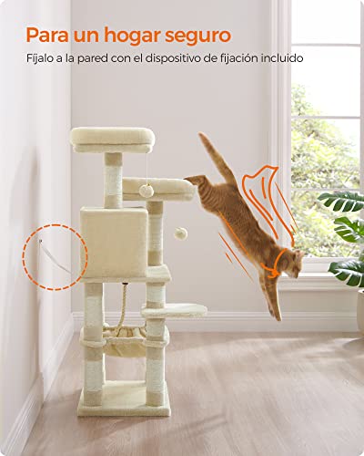 Feandrea Árbol para Gatos de Altura 112 cm, Torre para Gatos, con 11 Postes Rascadores, 2 Plataformas, 1 Cueva, 1 Hamaca, 2 Pompones, Tela de Felpa, Multinivel, Beige PCT215M01 - imagen 8