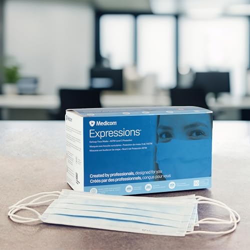 Medicom Expressions Disposable Face Masks - Box of 50 ASTM Level 3 Surgical Face Masks - 3 Layer Medical Masks Made in Canada - Blue Adult Masks Disposable