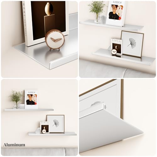 Floating Shelves for Wall, Off Center Metal Shelves for Living Room, Silver Floating Shelves for Wall Decor, 12” Hanging Shelves for Bedroom Bathroom Kitchen Plants(2 PCS)