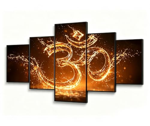 5 Piece Canvas Wall Art Indian Religion Paintings Aum Sanskrit Picture for Living Room Giclee Brahman in Hinduism Artwork Bedroom Home Modern Decor Framed Ready to Hang Posters and Prints(50''Wx24''H)